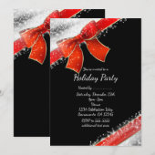 Red Bow & Sparkles Chic Black Vakantie Uitnodiging (Voorkant / Achterkant)