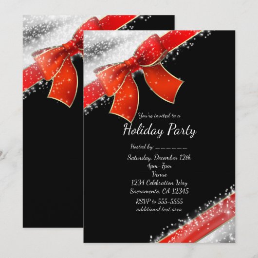 Red Bow & Sparkles Chic Black Vakantie Uitnodiging (Voorkant / Achterkant)
