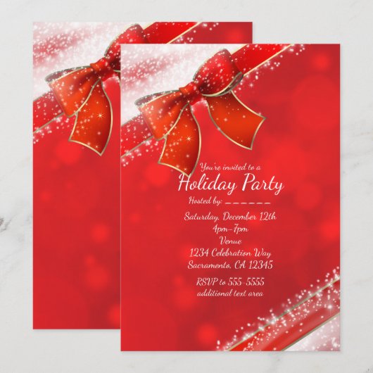 Red Bow & Sparkles Evenementen Vakantie Uitnodigin Kaart (Voorkant / Achterkant)