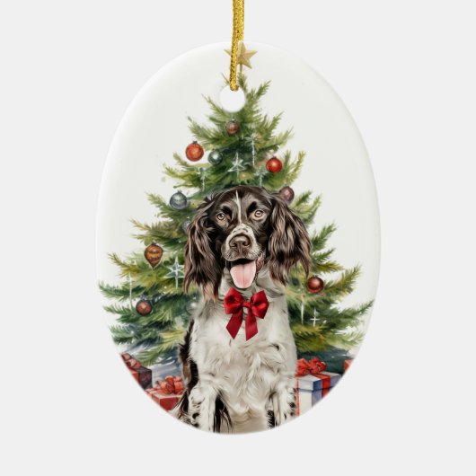 Red Bow Springer Spaniel Hond Kerstmis Keramisch Ornament (Voorkant)