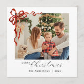 Red Bow Square Christmas Photo Feestdagenkaart (Voorkant)