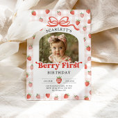 Red Bow Strawberry Berry First Birthday Photo Kaart