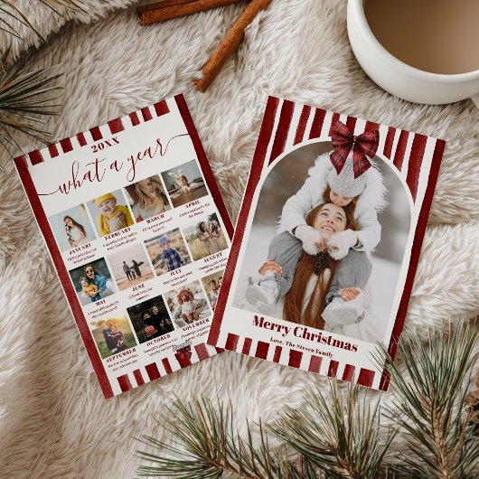 Red Bow Stripe Plaid Christmas Photo Year Review Feestdagenkaart