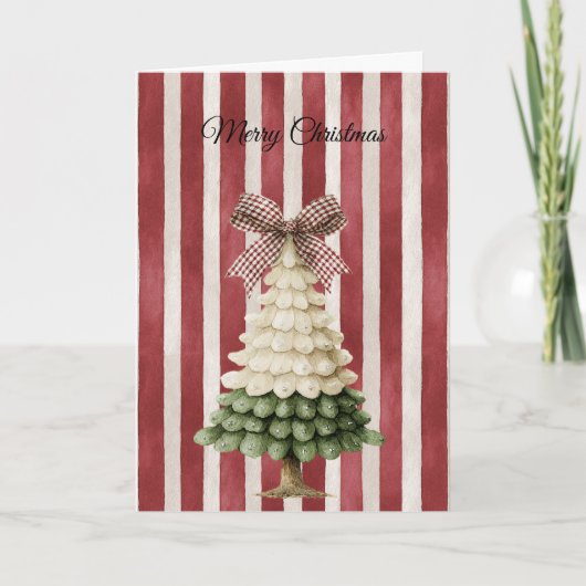 Red Bow Stripes Christmas Green Cream Tree Kaart (Voorkant)