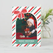 Red Bow & Stripes Year In Review Merry Christmas Feestdagenkaart (Staand voorkant)