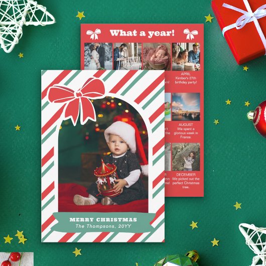 Red Bow & Stripes Year In Review Merry Christmas Feestdagenkaart