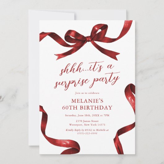 Red Bow Surprise Verjaardagsfeestje voor volwassen Kaart (Voorkant)