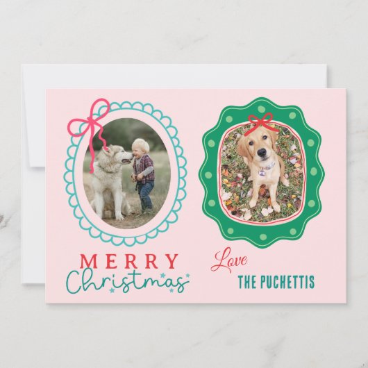 Red Bow Twee Afbeelding Lijst Kerst Feestdagenkaart (Voorkant)