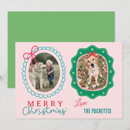 Red Bow Twee Afbeelding Lijst Kerst Feestdagenkaart (Voorkant / Achterkant)