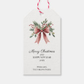 Red Bow Waterverf Green Holly Berries Kerst Cadeaulabel (Voorkant)