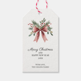 Red Bow Waterverf Green Holly Berries Kerst Cadeaulabel