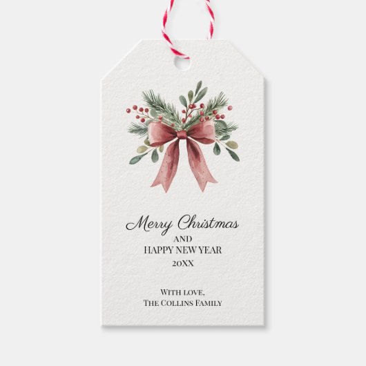 Red Bow Waterverf Green Holly Berries Kerst Cadeaulabel (Voorkant)