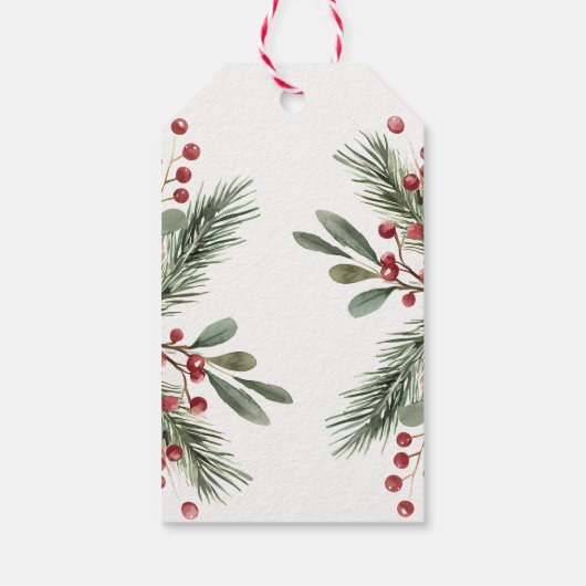 Red Bow Waterverf Green Holly Berries Kerst Cadeaulabel (Achterkant)