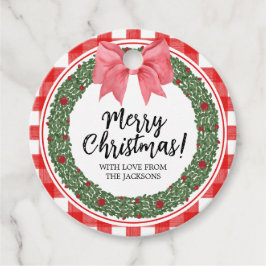 Red Bow Waterverf Kerstmis Holly Wreath Bedankjes Labels