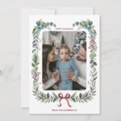 Red Bow Waterverf Krans Kerstfoto Feestdagenkaart (Voorkant)