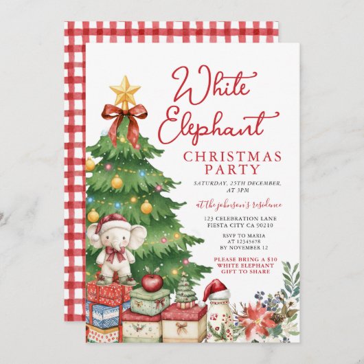 Red Bow White Elephant Christmas Party Exchange Kaart (Voorkant / Achterkant)