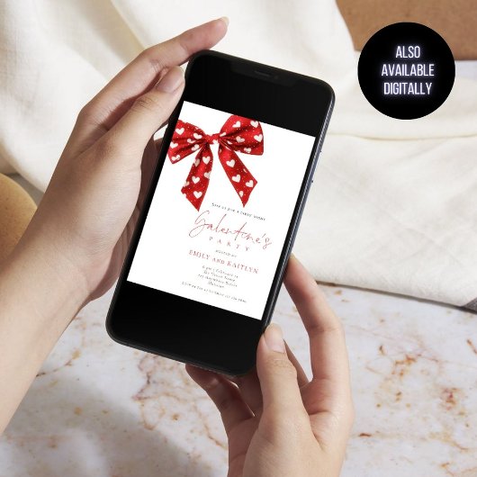 Red Bow White Hearts Galentines Party Kaart