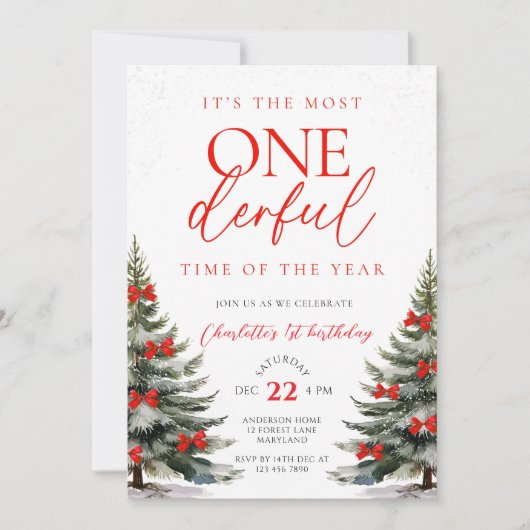 Red Bow Winter Onerderland 1e verjaardag Kaart (Voorkant)