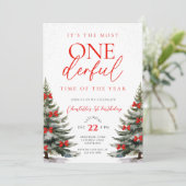 Red Bow Winter Onerderland 1e verjaardag Kaart (Staand voorkant)