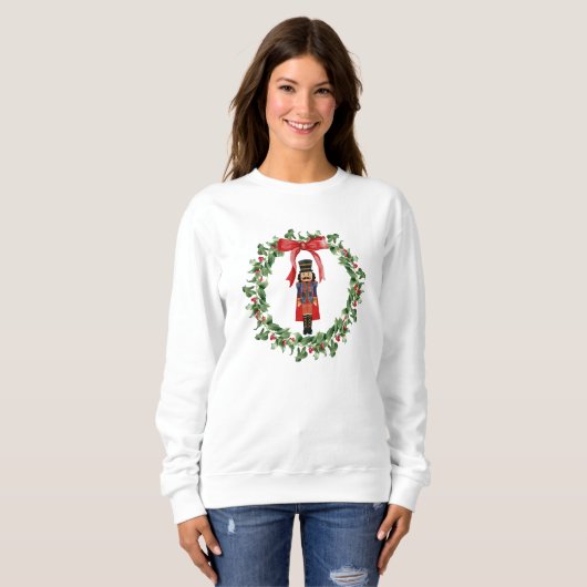 Red Bow Wreath & Notenkraker Kerst Sweatshirt (Voorkant volledig)