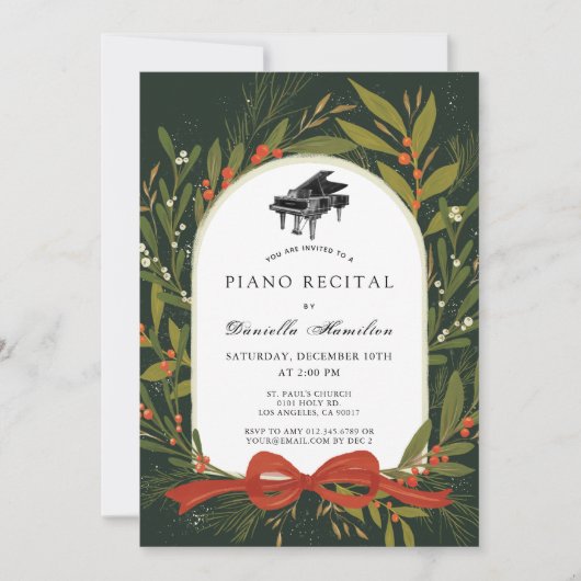 Red Bow Wreath Piano White Recital Invitation Kaart (Voorkant)