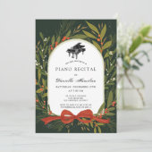 Red Bow Wreath Piano White Recital Invitation Kaart (Staand voorkant)
