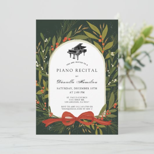 Red Bow Wreath Piano White Recital Invitation Kaart (Staand voorkant)