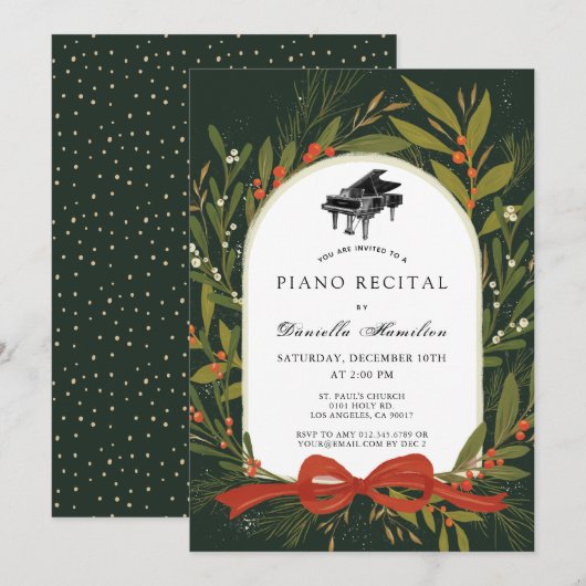 Red Bow Wreath Piano White Recital Invitation Kaart (Voorkant / Achterkant)