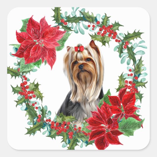 Red Bow Yorkshire Terrier Poinsettia Holly Wreath Vierkante Sticker (Voorkant)