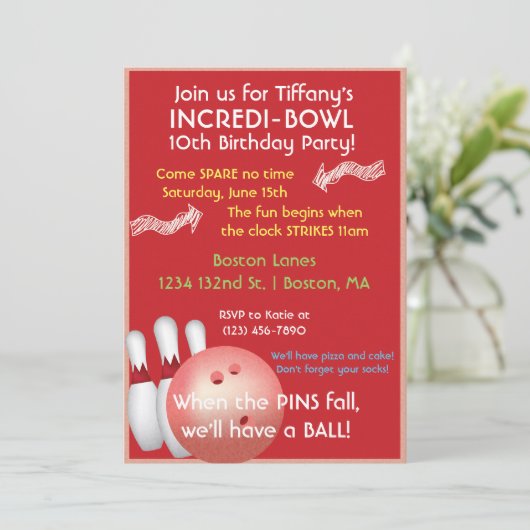Red Bowling Birthday Uitnodiging (Staand voorkant)