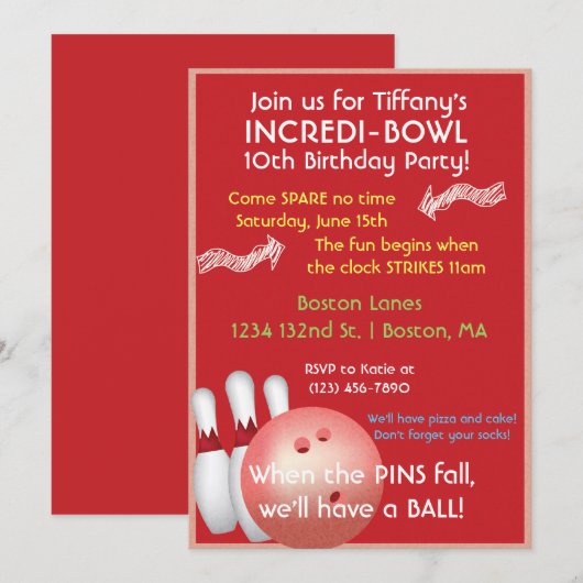 Red Bowling Birthday Uitnodiging (Voorkant / Achterkant)