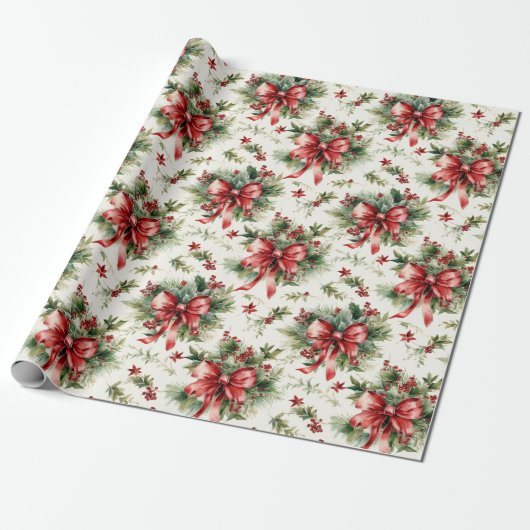 Red Bows and Holly Leaves Cadeaupapier (Uitgerold)