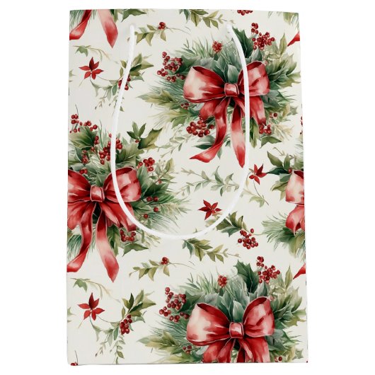 Red Bows and Holly Leaves Medium Cadeauzakje (Voorkant)