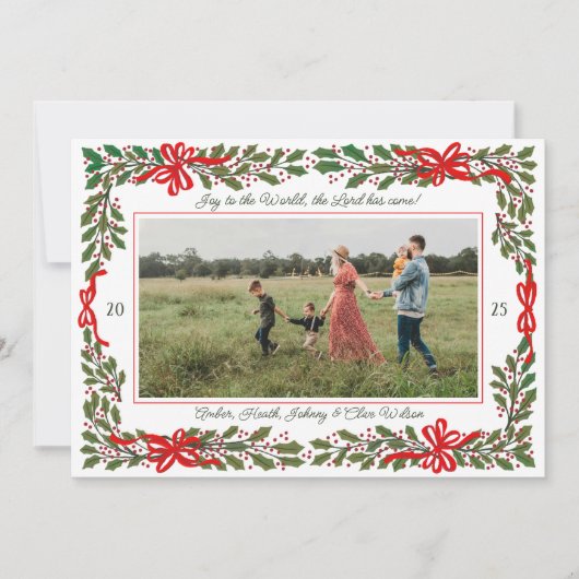 Red Bows en Holly Garland One-Photo Kerstmis Feestdagenkaart (Voorkant)