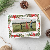 Red Bows en Holly Garland One-Photo Kerstmis Feestdagenkaart
