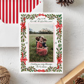 Red Bows en Holly Garland One-Photo Kerstmis Feestdagenkaart