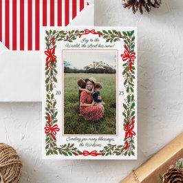 Red Bows en Holly Garland One-Photo Kerstmis Feestdagenkaart