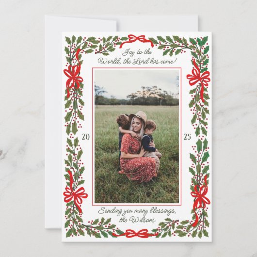 Red Bows en Holly Garland One-Photo Kerstmis Feestdagenkaart (Voorkant)