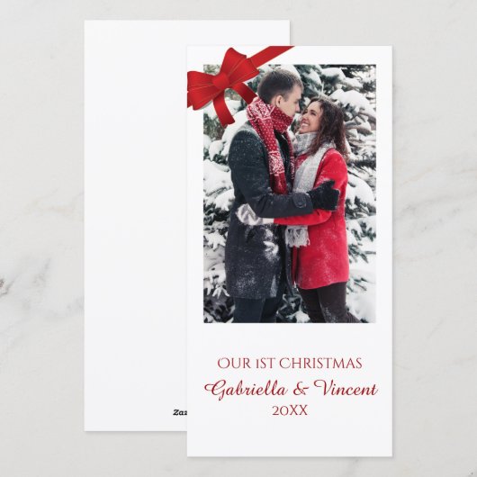 Red Bows First Kerstmis Together Photo Card Feestdagenkaart (Voorkant / Achterkant)