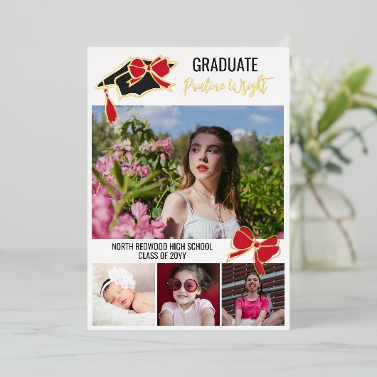 Red Bows Foto's Gold Folie Omtrek Afstuderen Folie Uitnodiging (Staand Voorkant)