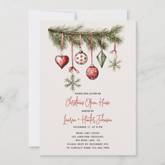 Red Bows Ornament Christmas Open House Party Kaart (Voorkant)