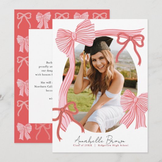 Red Bows Photo Message Graduation Announcement Kaart (Voorkant / Achterkant)
