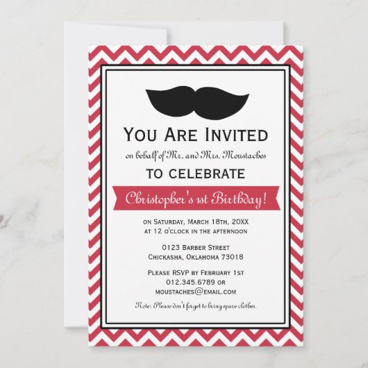 Red Boy Mustache Chevron Birthday Party Kaart (Voorkant)
