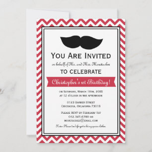 Red Boy Mustache Chevron Birthday Party Kaart