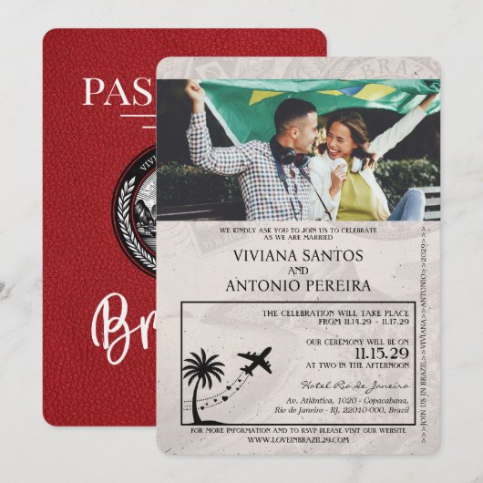 Red Brazil Passport Wedding Invitation Kaart (Voorkant / Achterkant)