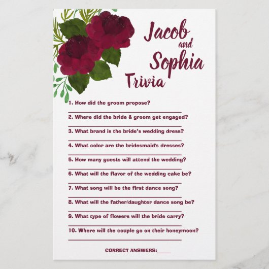 RED BRIDE EN GROOM TRIVIA SHOWER GAME CARD FLYER (Voorkant)