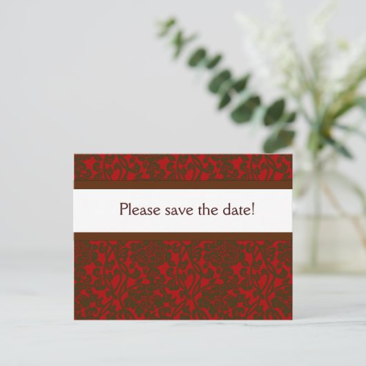 Red & Brown Brocade Save Date Aankondigingskaart (Staand voorkant)