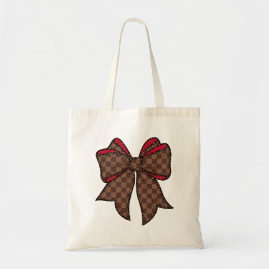 Red + Brown Checkered + Faux Glitter Bow Tote Bag (Voorkant)