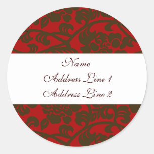 Red Brown Damask Adresetiketten Ronde Sticker