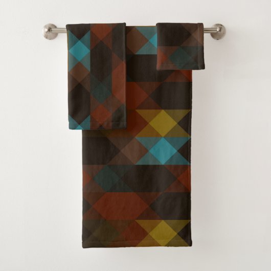 red brown olive yellow and turquoise bad handdoek (Insitu)